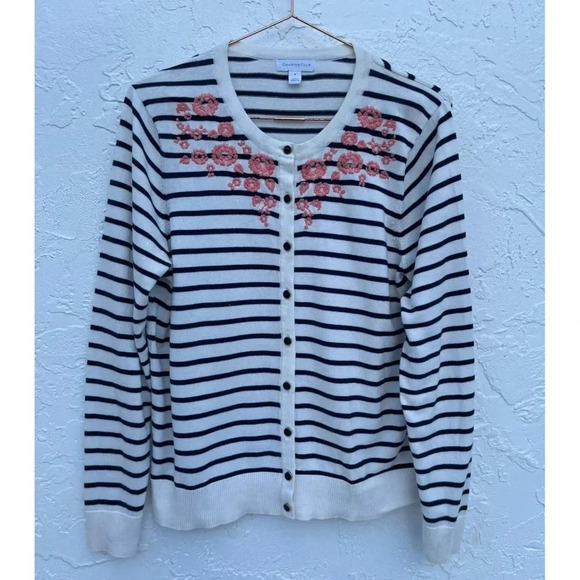 Charter Club Womens Long Sleeve Button Down Embroidery Sweaters White Black Sz M - Picture 4 of 14